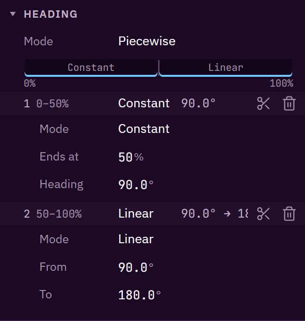 A piecewise heading in the inspector