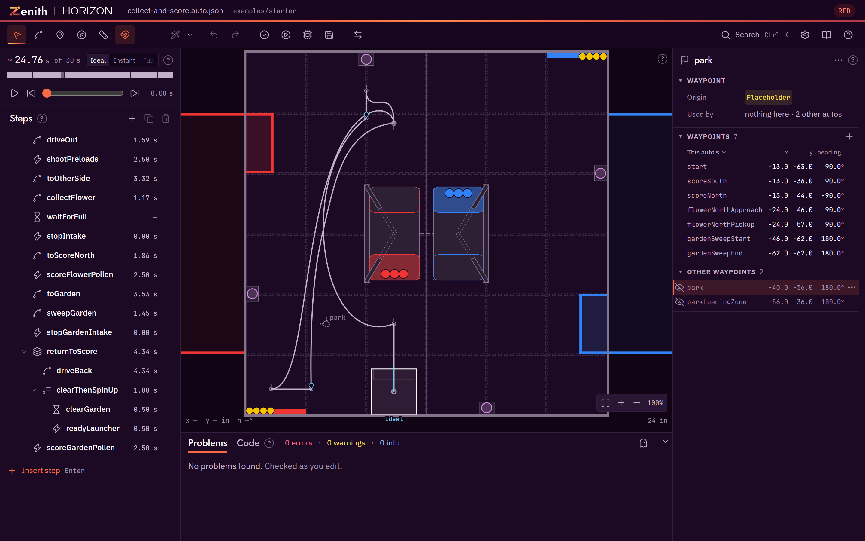 The field showing only the open auto's waypoints, with Other waypoints open in the inspector and one of them selected