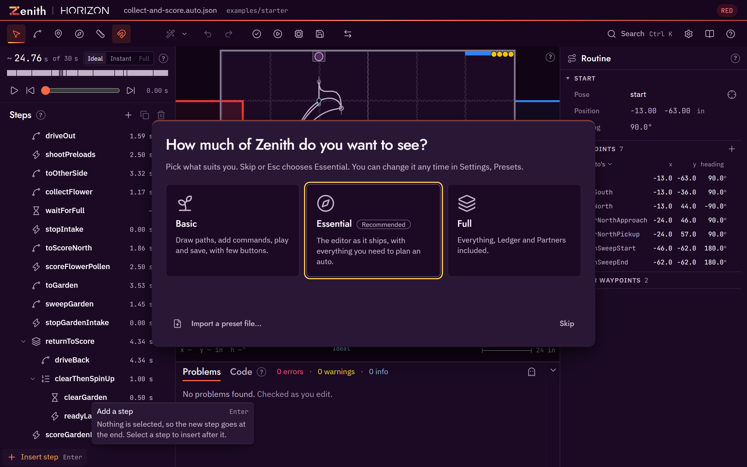 The first-visit preset chooser, with Essential recommended