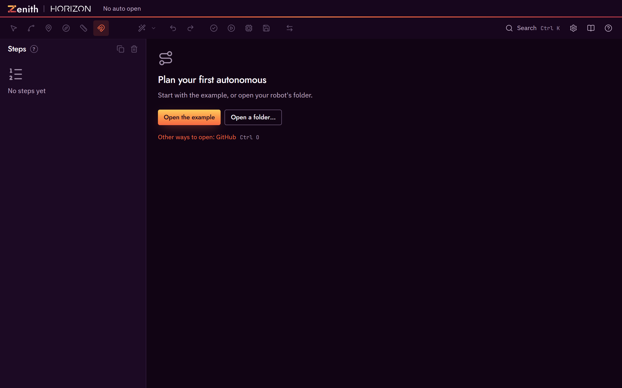 With no project open, the welcome screen offers the example and a local folder